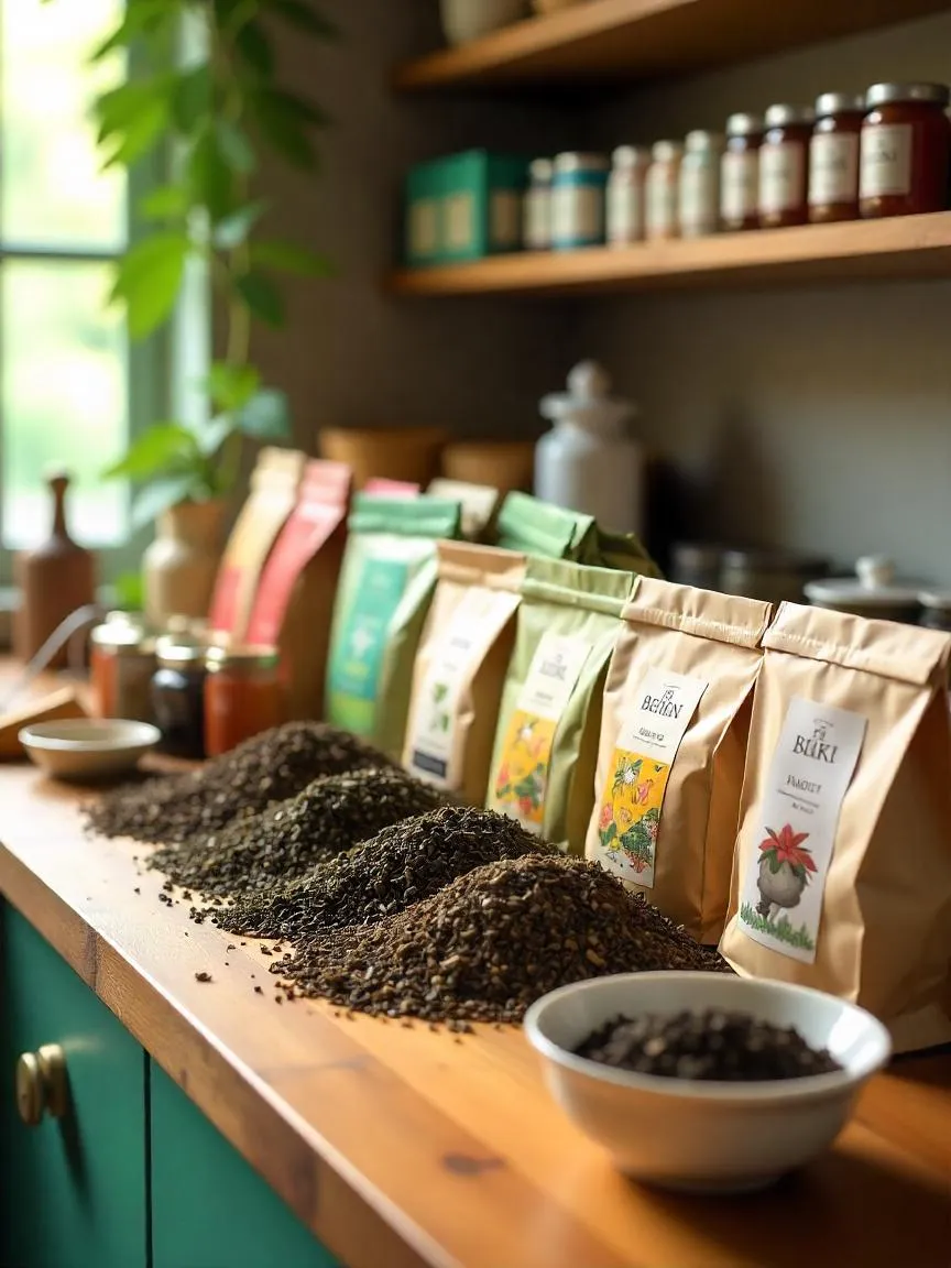 An assortment of tea types in bags, sachets, and loose-leaf jars on a counter, helping illustrate how to choose and buy the right tea for your needs.