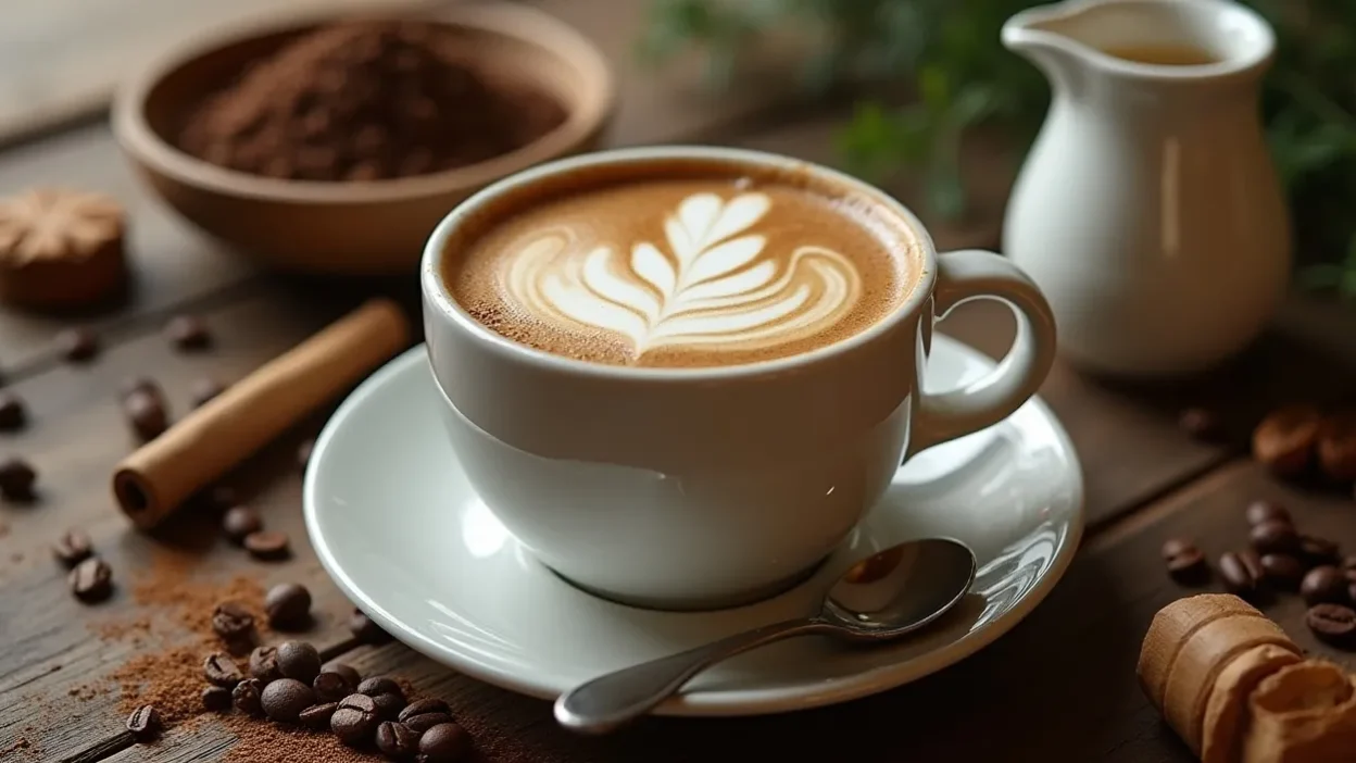 Steaming cup of mushroom coffee with mushroom powder, coffee beans, and natural sweeteners on a rustic wooden surface.