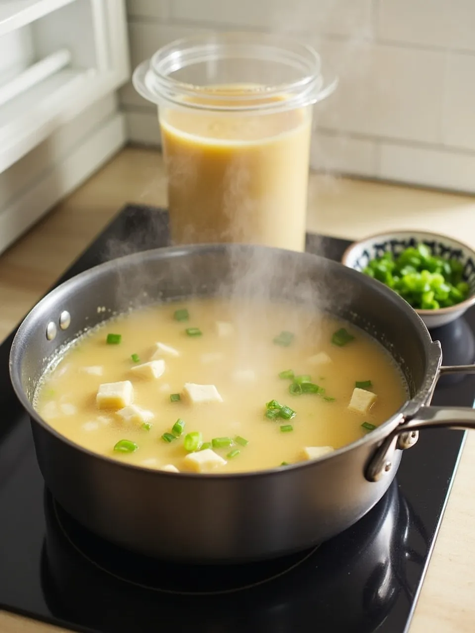 Miso soup being reheated gently on the stove with leftovers stored in a sealed glass container in the refrigerator.
