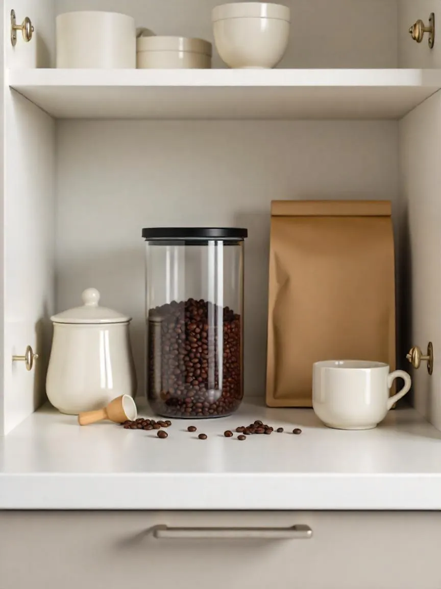 Airtight container filled with coffee beans on a kitchen shelf next to a coffee bag and jar, illustrating proper coffee storage for freshness.