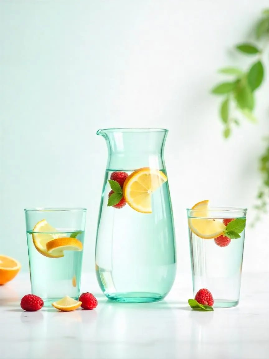 A variety of reusable water bottles and glasses arranged to show different hydration amounts, set on a bright background with fresh fruits and herbs nearby.