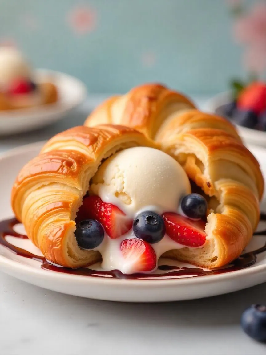 A croissant filled with melting vanilla ice cream and fresh fruit, served with berry sauce in a bright, summery dessert setting.