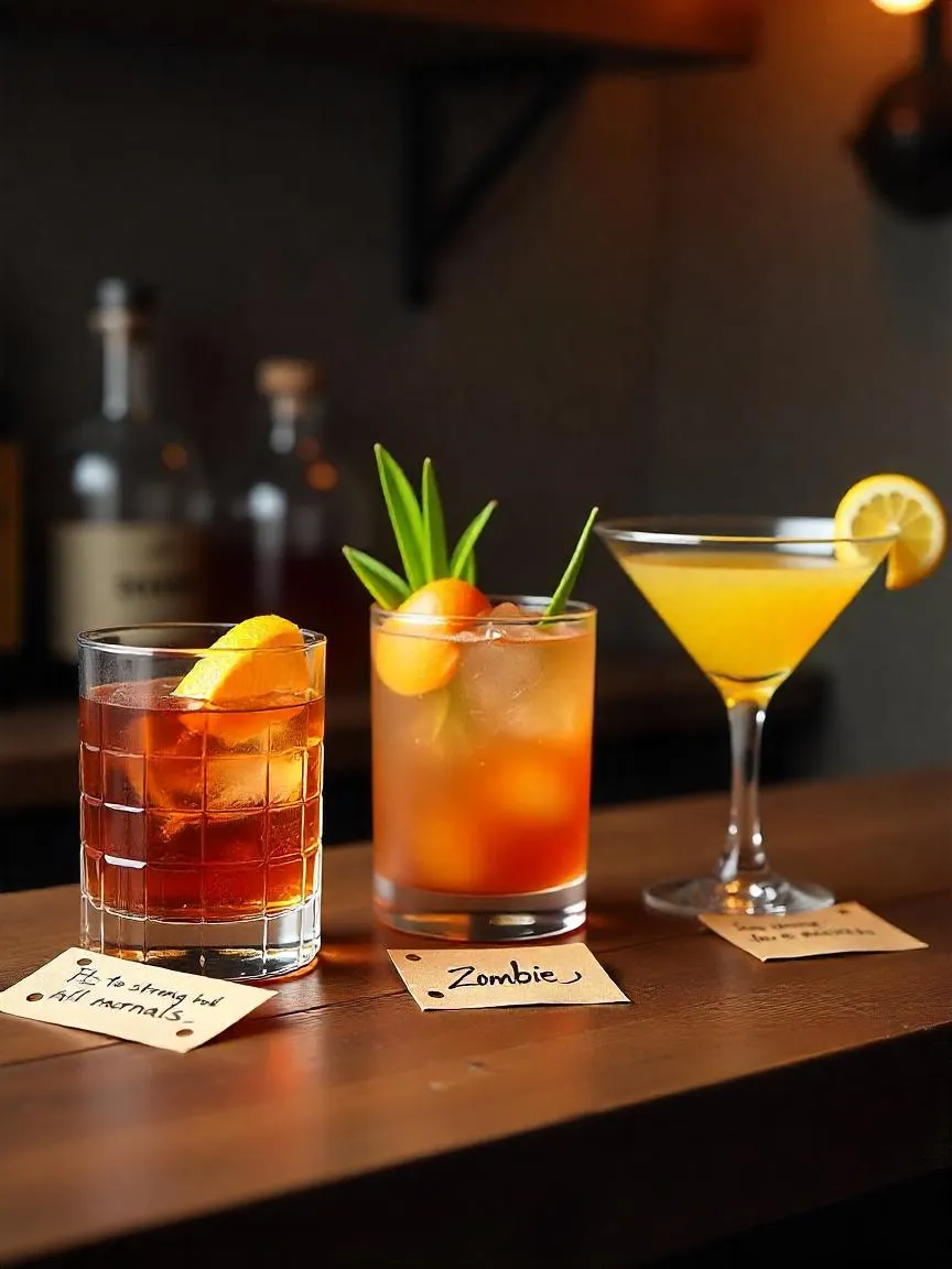 A group of classic cocktails like the Old Fashioned and Zombie, each labeled with its name and a brief fun fact, set in a moody vintage bar scene.