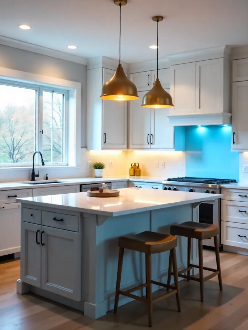 Kitchen island with pendant lights providing functional and stylish illumination in a modern, bright kitchen.