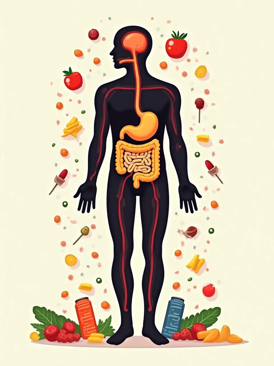 Illustration of ultra-processed foods affecting the human body, highlighting blood sugar spikes and digestive discomfort.