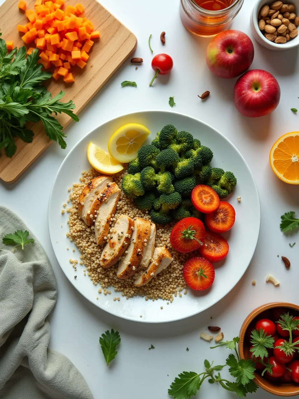 Balanced healthy meal with grilled chicken, quinoa, roasted vegetables, and fresh fruits for a nutritious lifestyle.