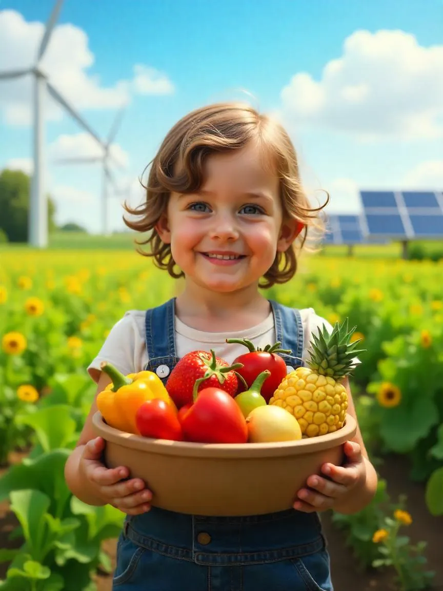 Child holding a bowl of fresh produce on a sustainable farm with wind turbines and solar panels in the background. 