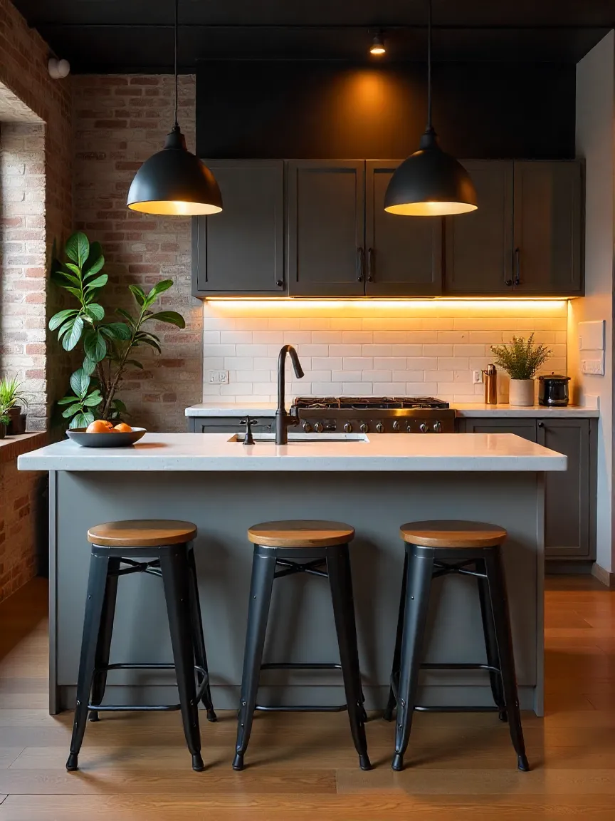 Modern industrial kitchen with metal bar stools featuring wooden seats, exposed brick wall, and matte black pendant lights.
