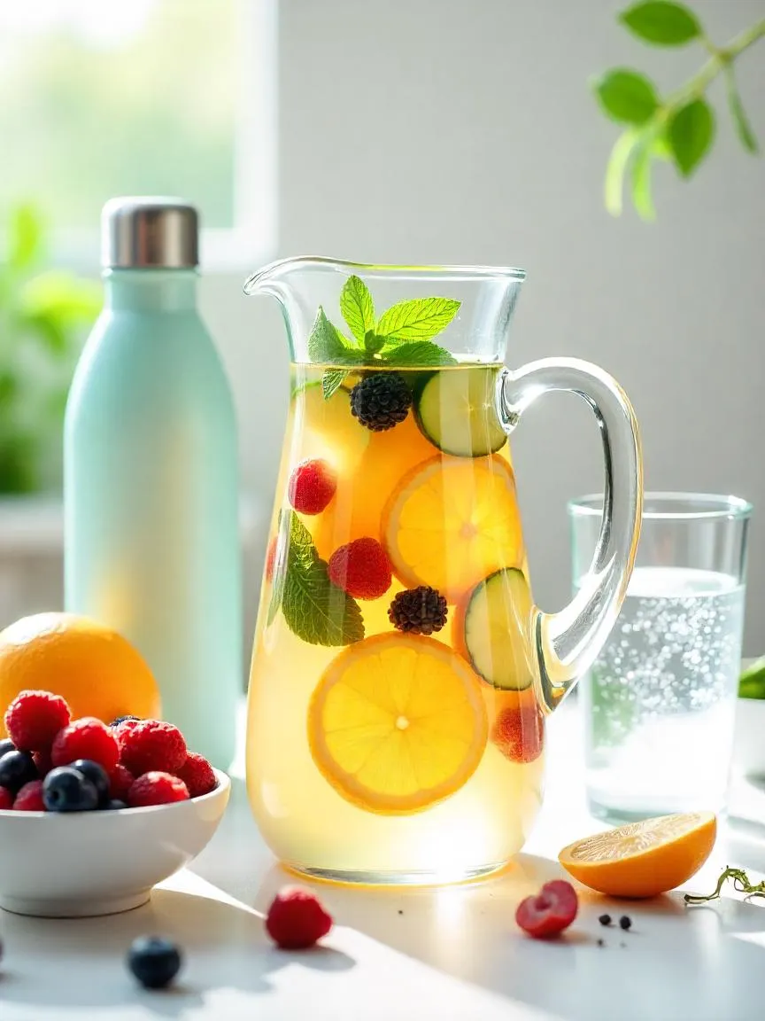 A glass pitcher of fruit- and herb-infused water surrounded by fresh ingredients and a reusable water bottle, promoting flavorful and eco-friendly hydration.