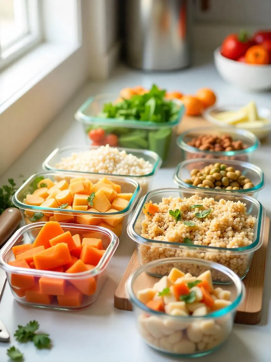Meal prep containers with chopped vegetables, grains, and proteins on a clean kitchen counter with fresh ingredients nearby. 