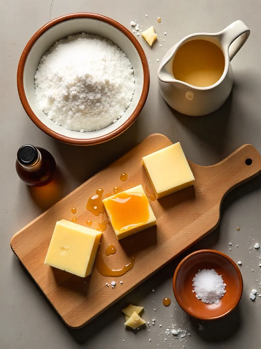 Flat lay of basic caramel ingredients: sugar, cream, butter, vanilla, and sea salt.