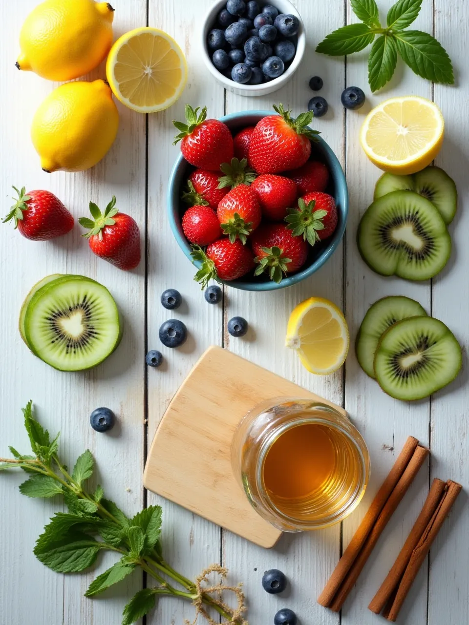 Fresh ingredients for non-alcoholic drinks including citrus fruits, berries, cucumber, herbs, and spices on a rustic wooden table.