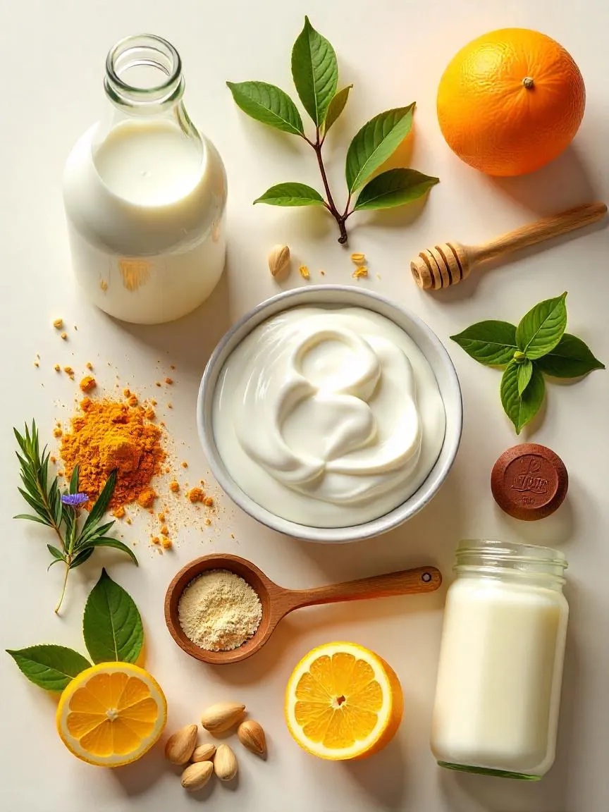 Collage of yogurt-making essentials: whole milk, yogurt starter, vanilla, turmeric, matcha, honey, saucepan, thermometer, whisk, glass jars, and yogurt maker.