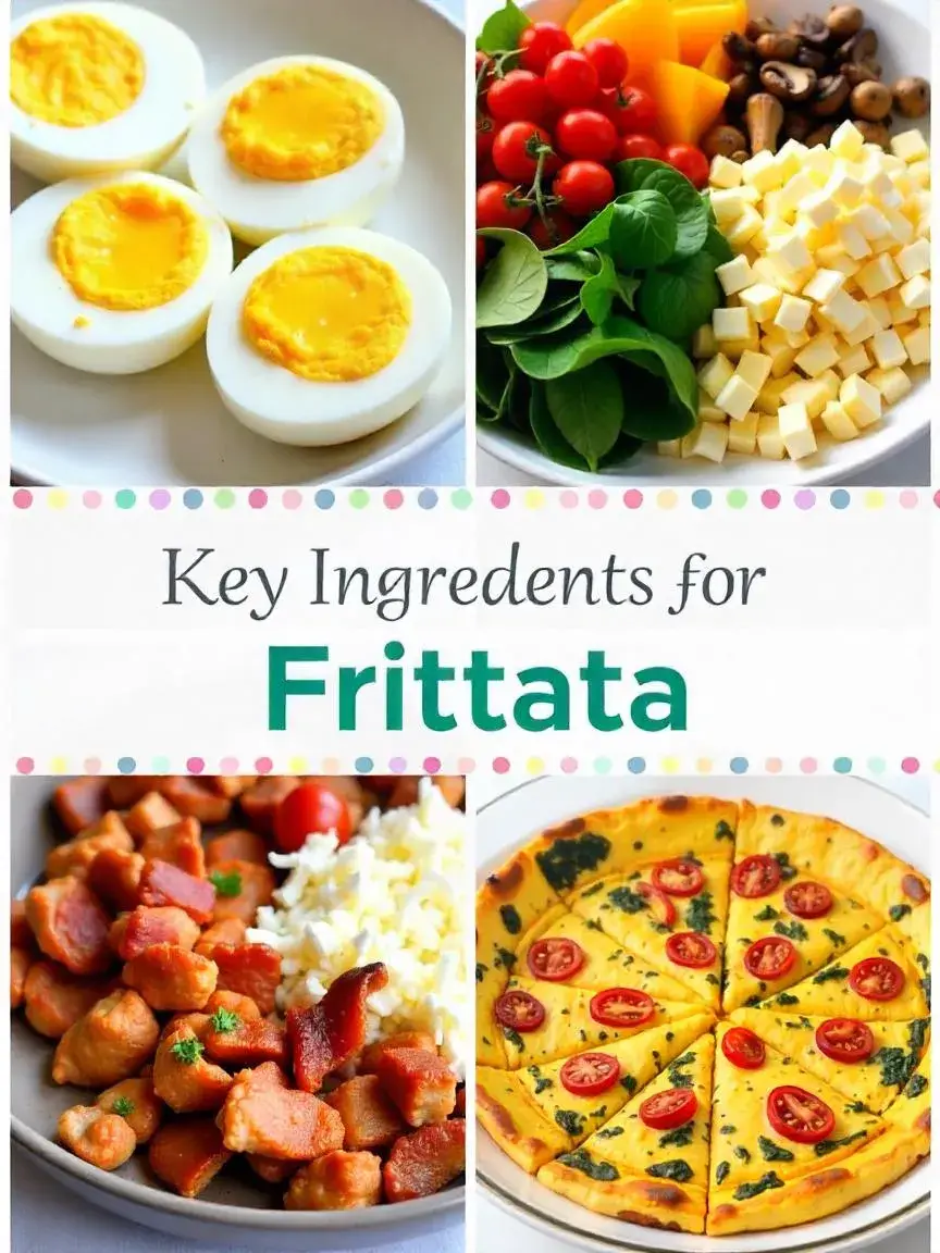 Collage of fresh eggs, vegetables, cheeses, and cooked proteins for making a frittata.