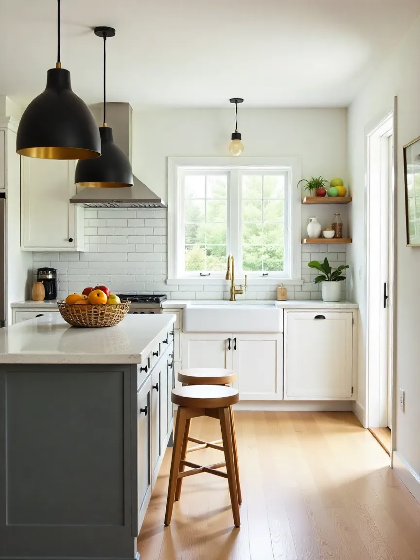 Kitchen showcasing modern geometric pendants, rustic rattan fixtures, and retro Sputnik chandelier for an eclectic mix of lighting styles.
