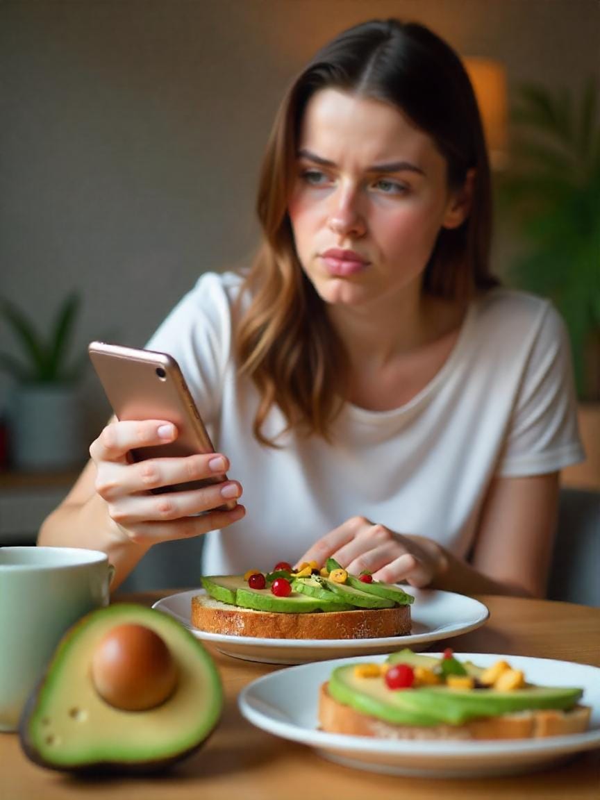 Person photographing a curated clean eating meal for social media, reflecting the pressure and comparison culture fueled by platforms like Instagram.