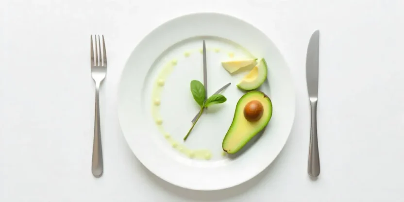 A plate styled as a clock with utensils as hands and healthy food placed in a limited time window, representing intermittent fasting.