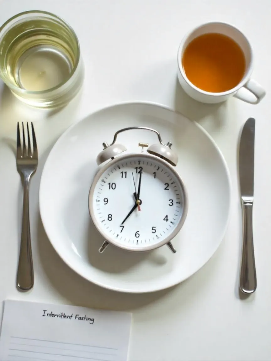 Clock on a dinner plate with utensils, representing intermittent fasting, next to a cup of tea and a notepad labeled “Intermittent Fasting.”