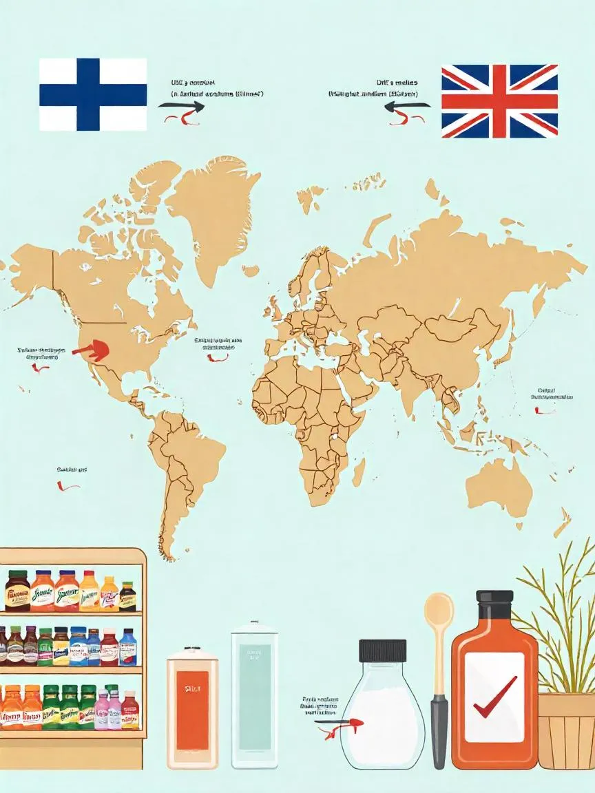 Illustration of international efforts to reduce sodium intake, highlighting Finland and the UK with health-focused visuals. 