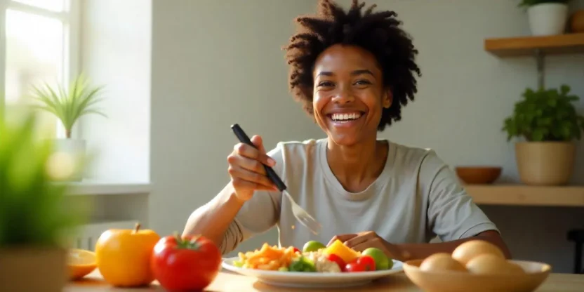 Person smiling while enjoying a colorful, healthy meal, representing the concept of intuitive eating.