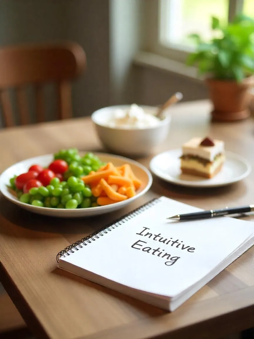 Balanced meal with vegetables, grains, and dessert next to a journal labeled “Intuitive Eating” in a calm, cozy dining space.