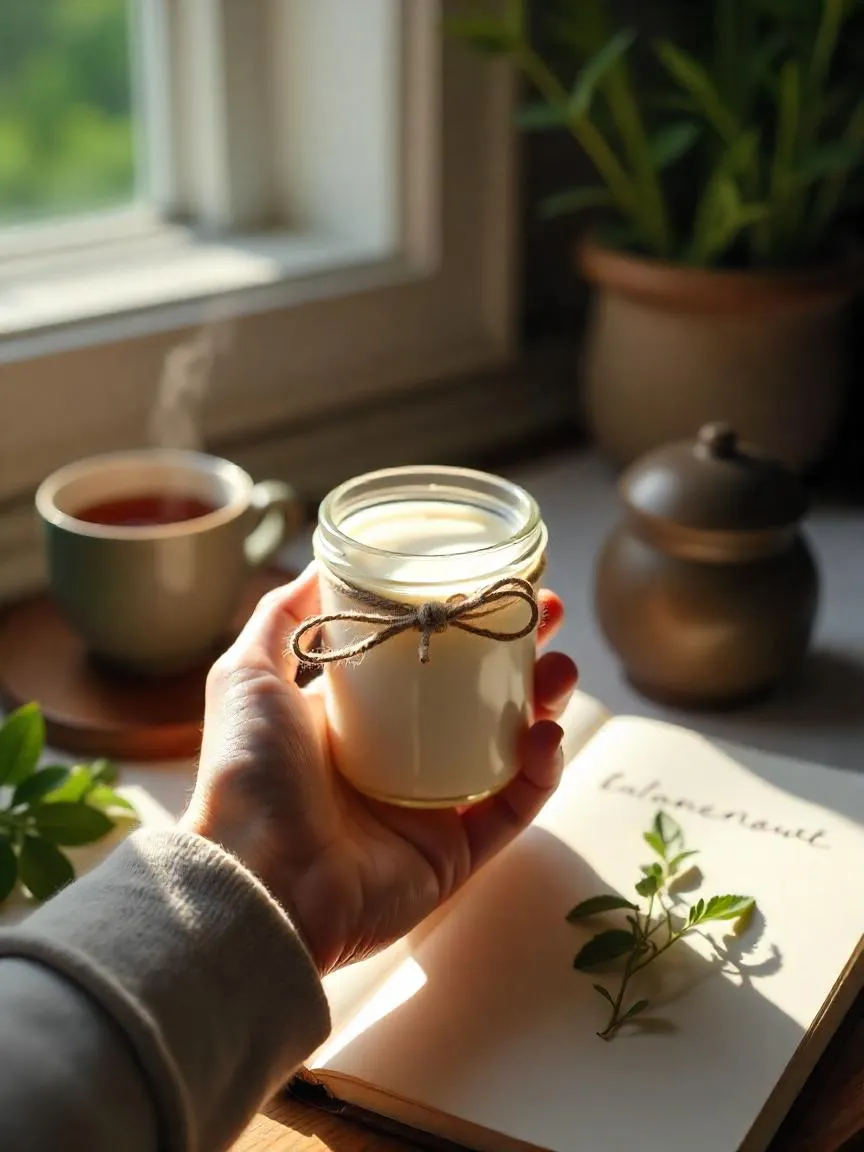 Hand holding a jar of homemade yogurt wrapped with a ribbon as a gift, surrounded by tea, notebook, and fresh herbs, symbolizing warmth, mindfulness, and connection.
