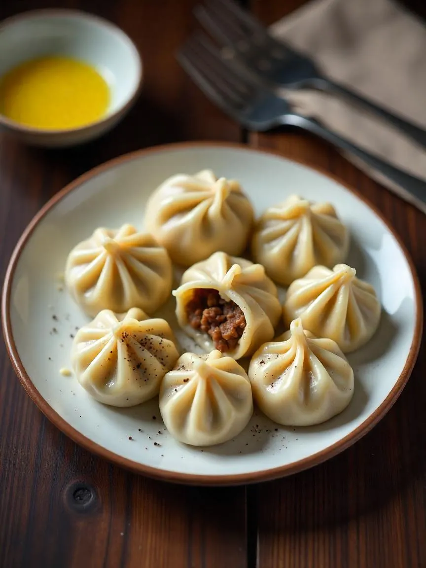 Juicy khinkali dumplings served hot with black pepper and butter.
