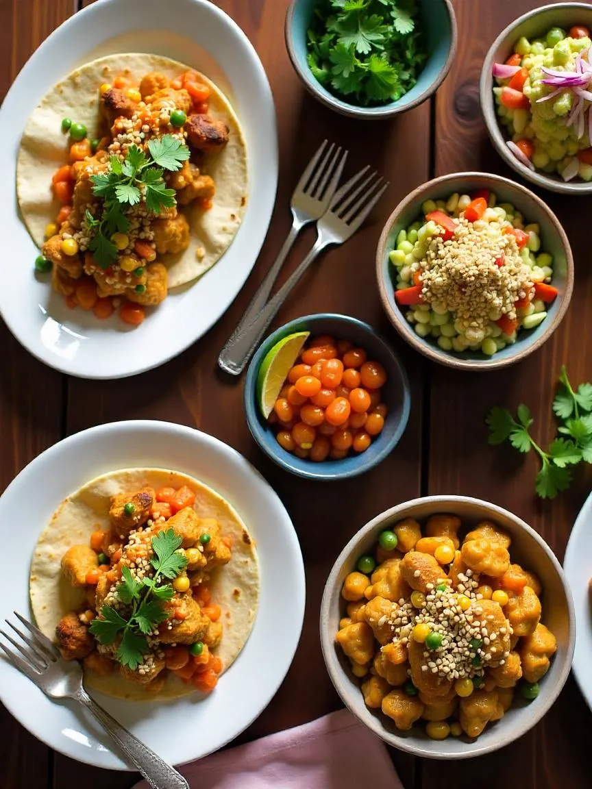 Creative variations of batch-cooked meals served differently throughout the week, with colorful toppings and diverse plating styles.