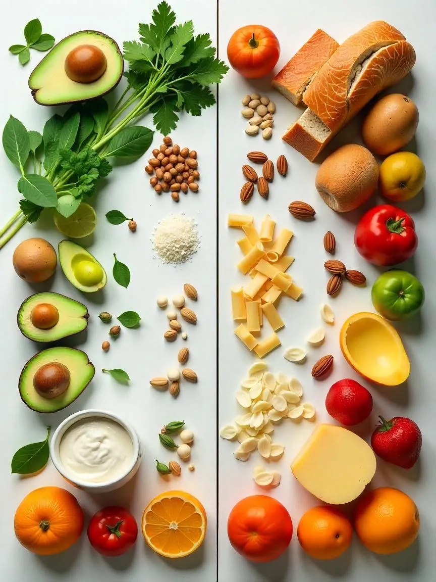 Top-down view of keto-approved foods on one side and restricted high-carb foods on the other.