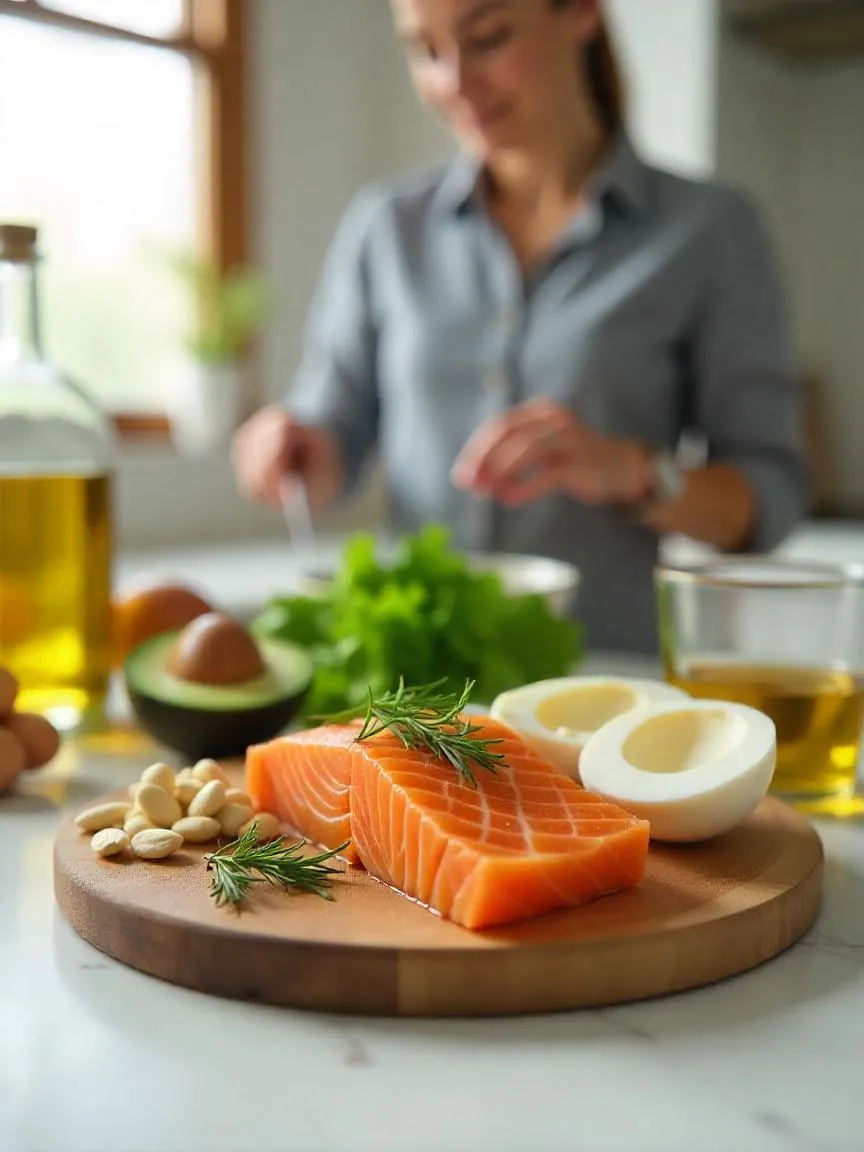 Keto-friendly foods like salmon, avocado, and leafy greens arranged on a kitchen counter, with a person preparing a healthy meal in the background.