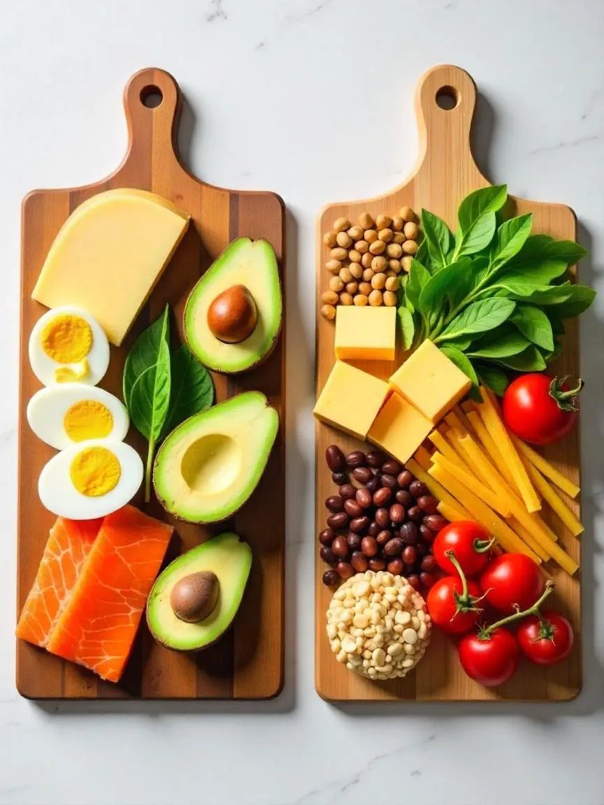 Two cutting boards side by side: one with keto-approved foods, the other with high-carb foods not allowed on the keto diet.
