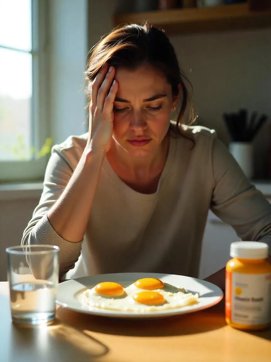 A tired-looking person at a kitchen table with keto foods and supplements, suggesting discomfort or dietary challenges.