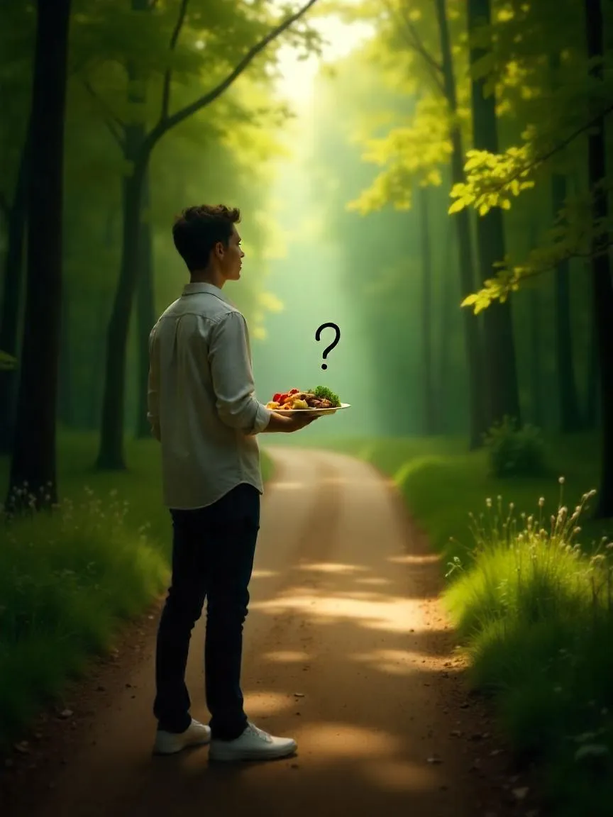 A thoughtful person holding a plate stands at a fork in the path, symbolizing uncertainty about ketogenic diet choices and long-term effects.