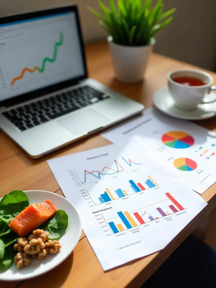 A desk with printed charts, a laptop showing a graph, and a plate of keto-friendly foods like salmon, spinach, and walnuts.