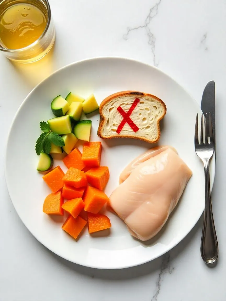 Photorealistic flat lay of keto-friendly foods like avocado, salmon, and nuts, with a small portion of bread marked with a red "X."