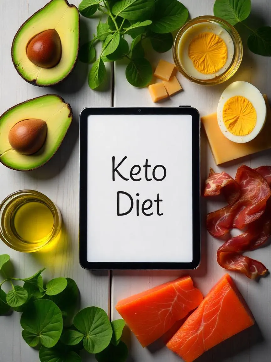 Flat lay of ketogenic foods like avocado, bacon, eggs, salmon, and olive oil, with a notecard reading “Keto Diet” on a bright table surface.