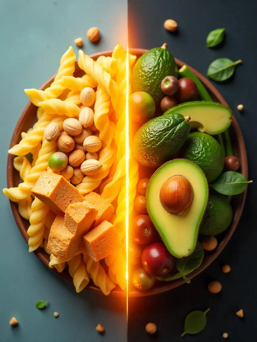 Conceptual image showing a visual shift from carb-based foods to high-fat keto foods like avocados and salmon, symbolizing a change in energy source.