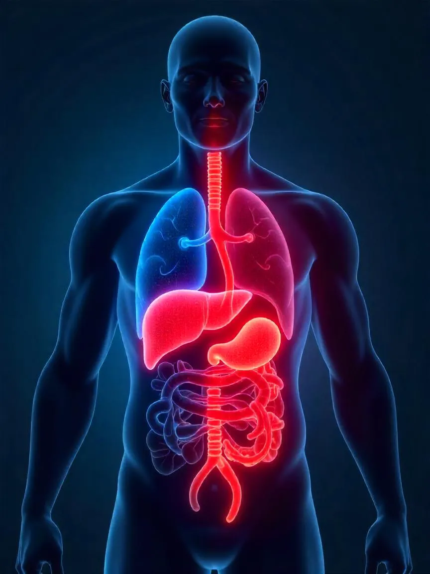 Concept image showing the contrast between healthy ketosis and dangerous ketoacidosis using glowing effects on the liver and blood vessels.
