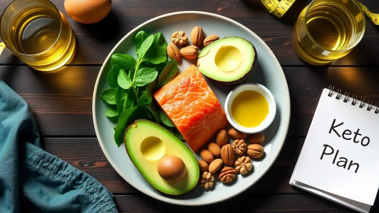 Photorealistic image of a ketogenic diet meal with avocado, salmon, boiled egg, nuts, leafy greens, and olive oil on a wooden table.