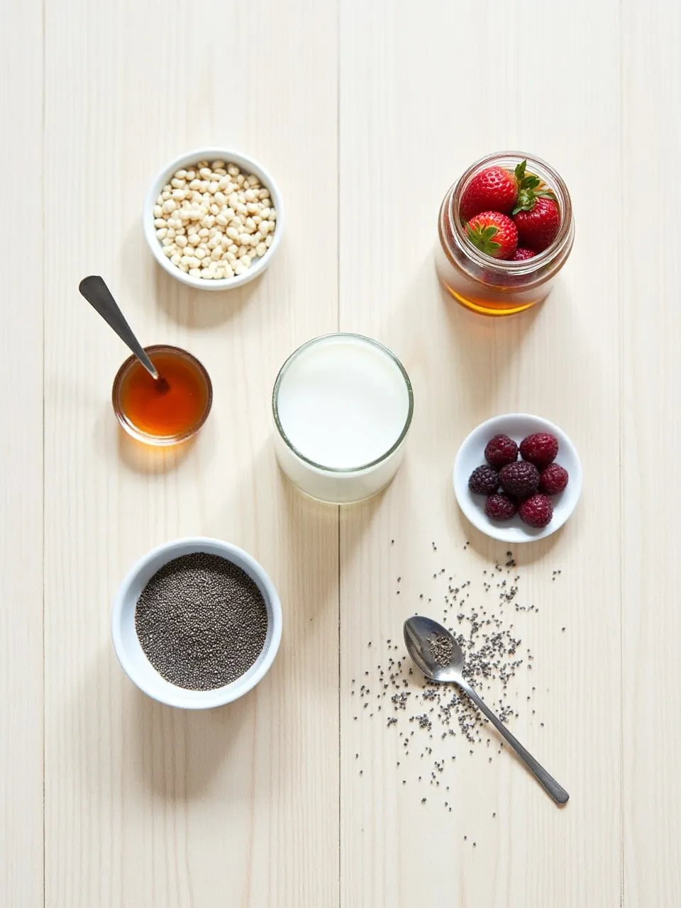 Essential chia pudding ingredients including chia seeds, almond milk, honey, and berries arranged on a wooden surface.