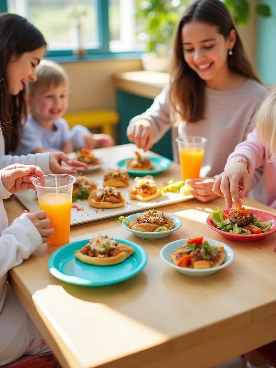 Kid-friendly weekend meals like mini pizzas, sliders, and taco bowls on a colorful dining table with a fun, family vibe.