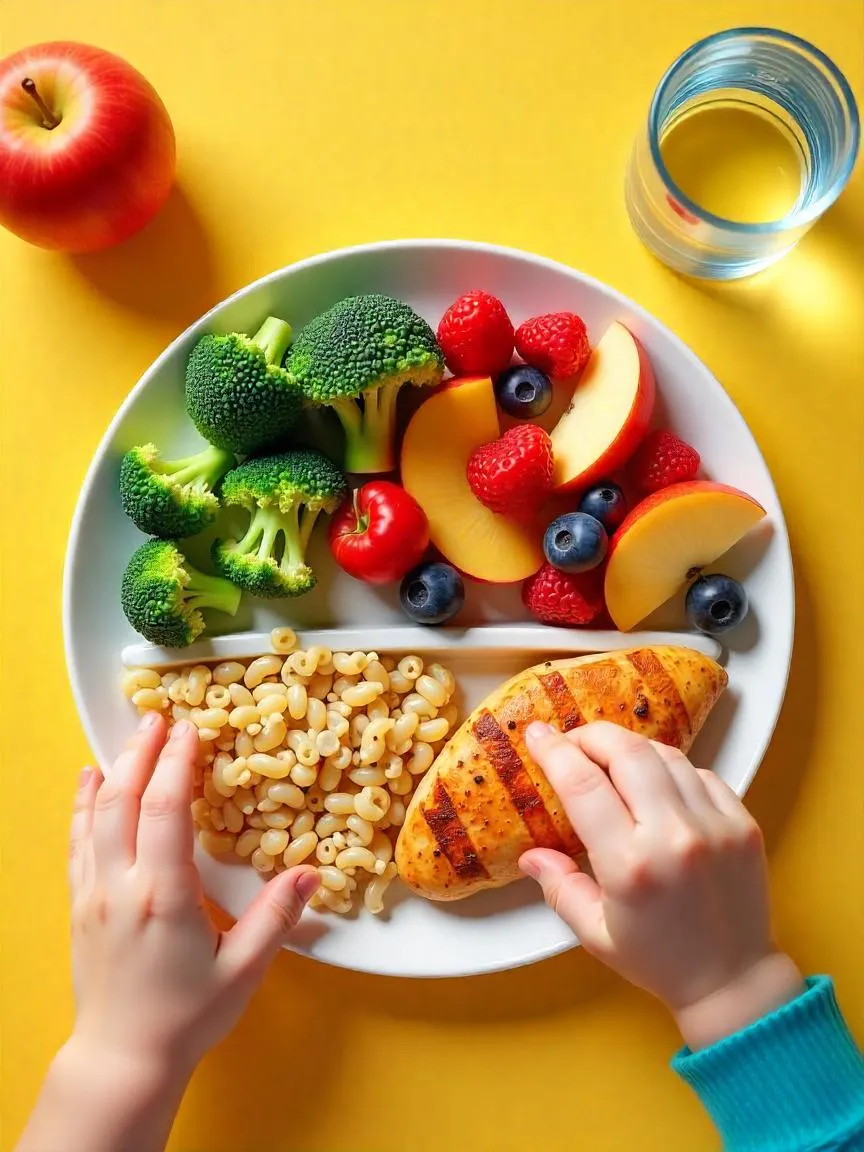 A balanced kid’s meal plate showing colorful veggies, fruits, whole grains, and healthy protein with a small glass of water and a child’s hand reaching in.