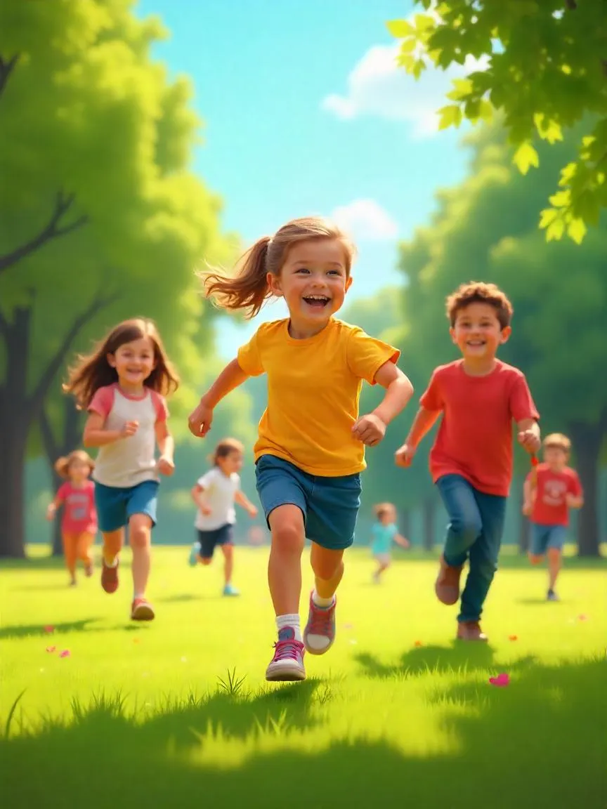 Children running and playing actively in a sunny park.