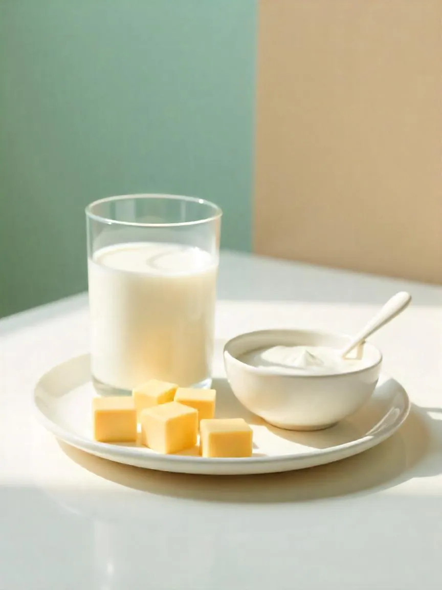 Child-sized portions of dairy: plain milk, small cheese cubes, and a bowl of plain yogurt on a bright table.