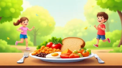 Colorful healthy eating plate for kids with fruits, vegetables, whole grains, protein, and a glass of water, set in a fun outdoor setting with a child playing.
