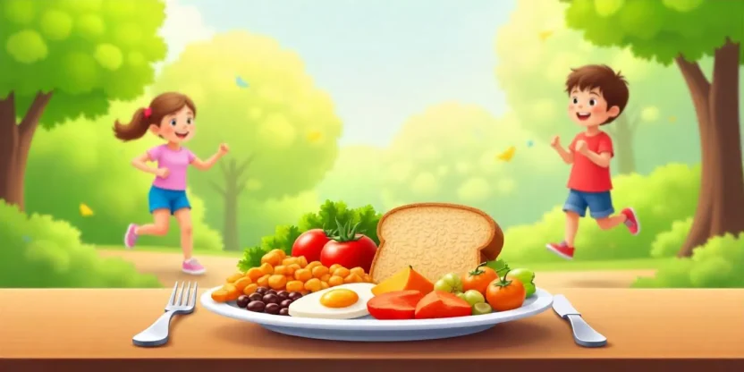 Colorful healthy eating plate for kids with fruits, vegetables, whole grains, protein, and a glass of water, set in a fun outdoor setting with a child playing.
