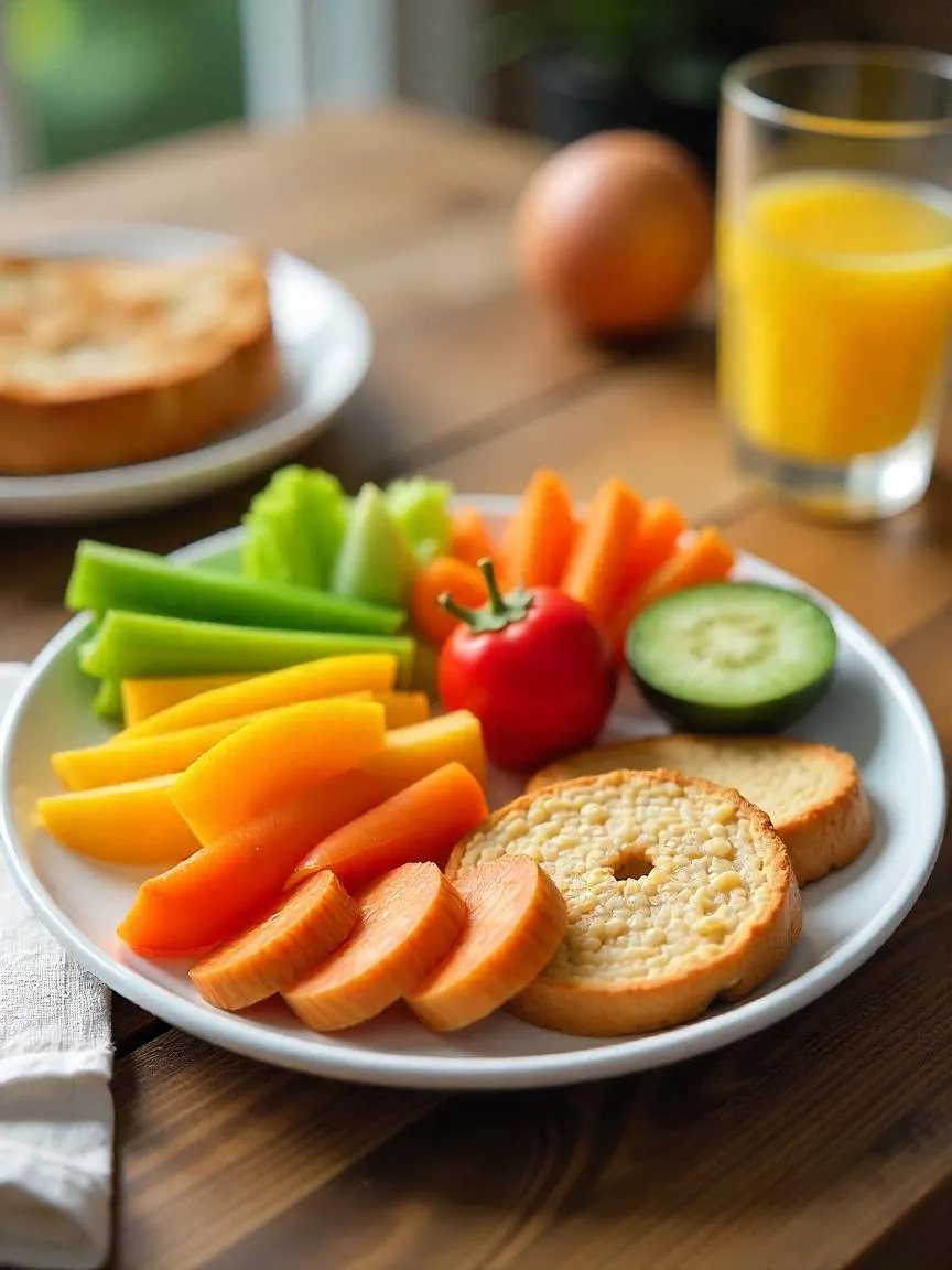 A balanced kid’s meal with vegetables, fruits, grains, and protein alongside water.
