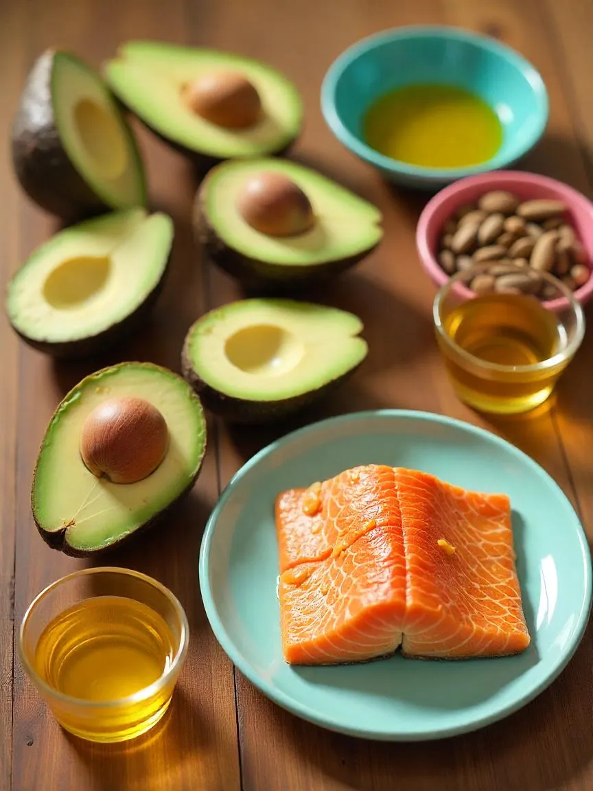 Healthy fat foods for kids including avocado, nuts, seeds, olive oil, and grilled salmon displayed on a colorful table.