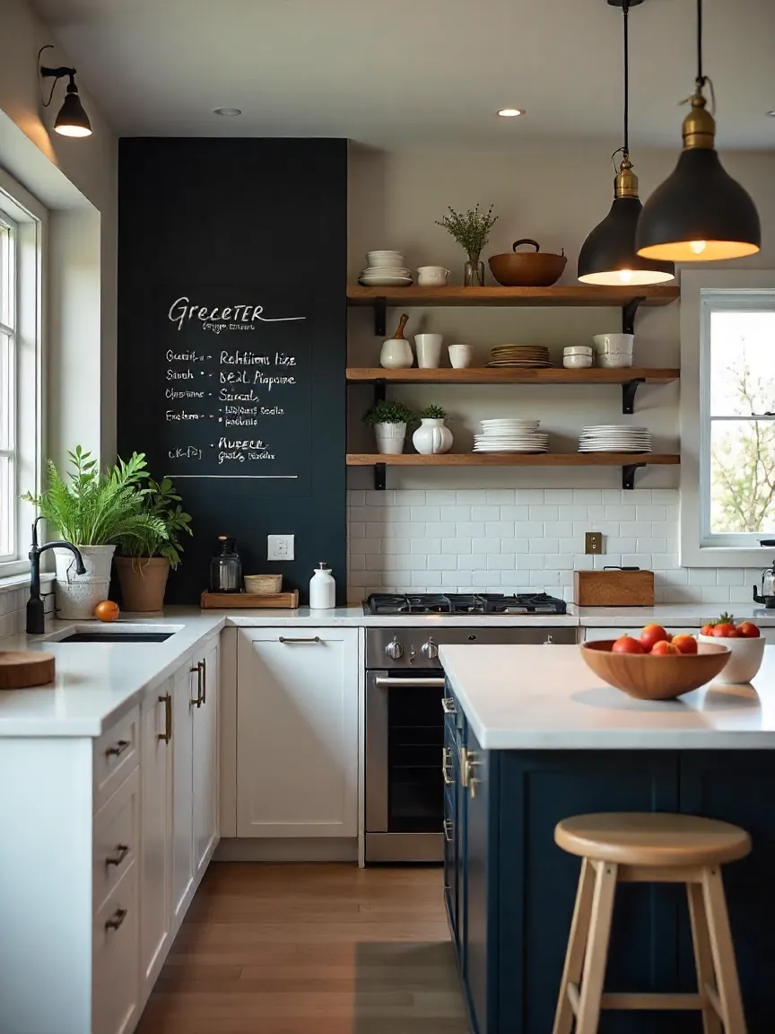 Kitchen featuring a chalkboard wall, open shelving, and ceramic canisters, styled to answer common kitchen decor questions about function and design.