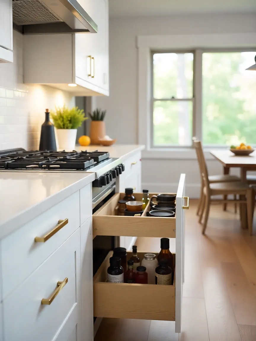 Narrow pull-out filler cabinet between stove and main cabinets with spices and oils organized for efficient use of kitchen space.